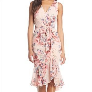 Eliza J Floral Ruched Chiffon Faux Wrap Dr…